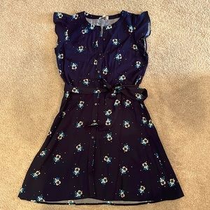 Loft ladies’ button down dress. Belted. Dark navy with flower detail. Size 4